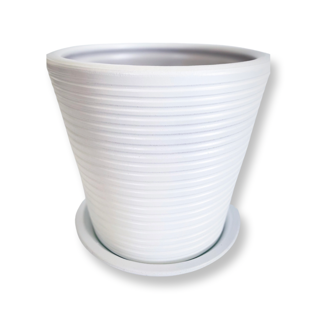 Dubai Series Terracotta Pot 24x21 cm, Striped, with Saucer, Drainage Hole, Decorative, White