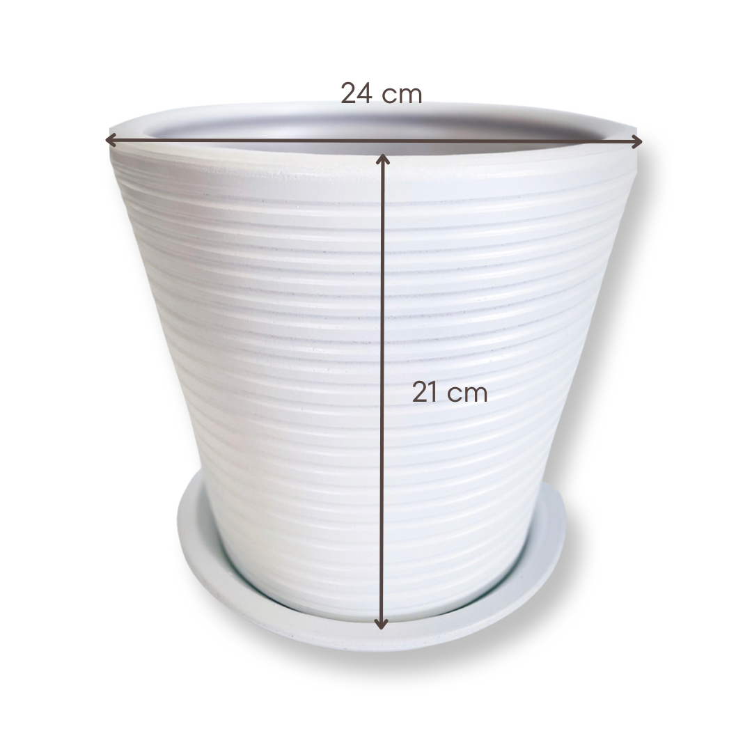 Dubai Series Terracotta Pot 24x21 cm, Striped, with Saucer, Drainage Hole, Decorative, White