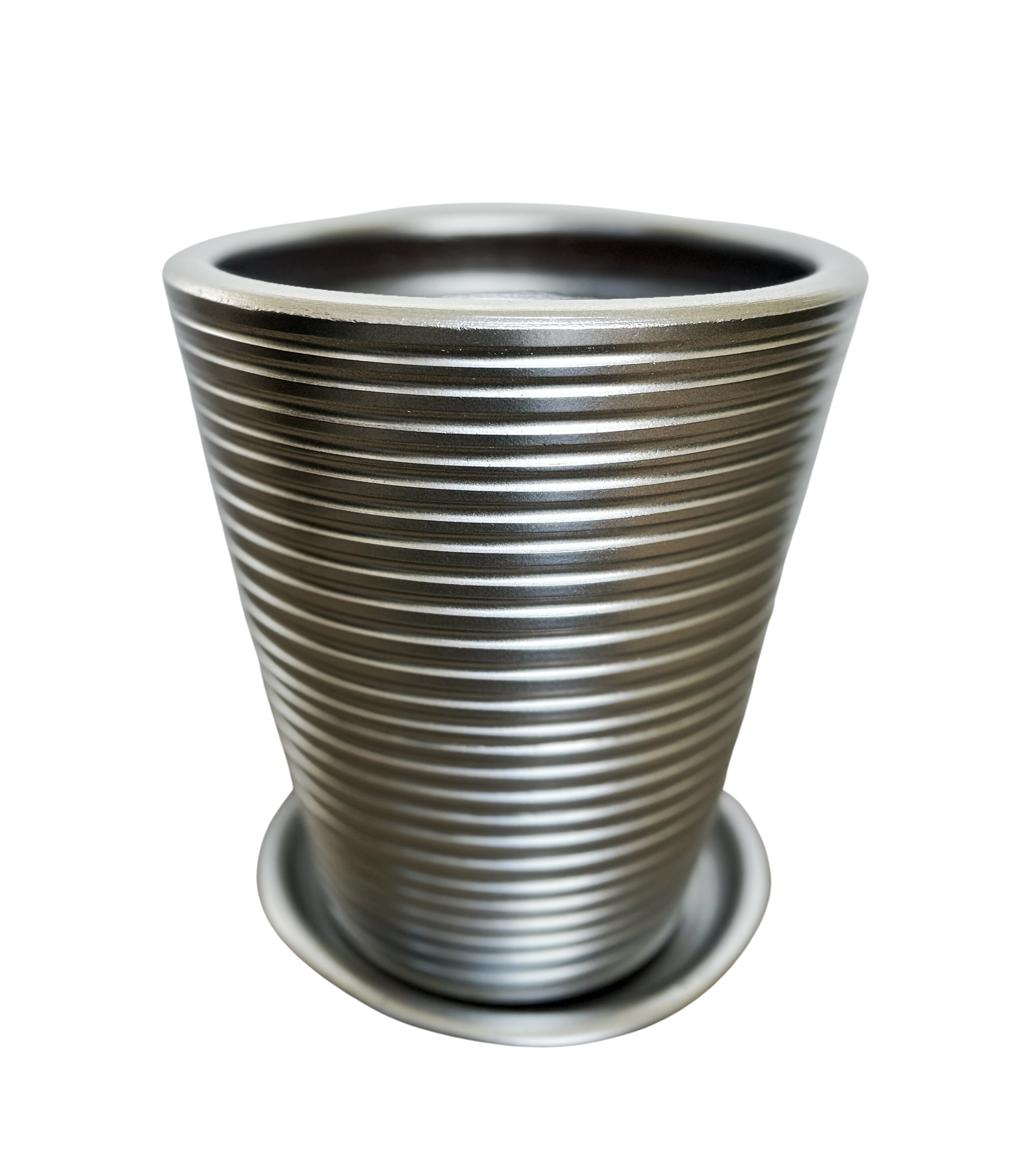 Dubai Series Terracotta Pot 24x21 cm, Striped, with Saucer, Drainage Hole, Decorative, Silver
