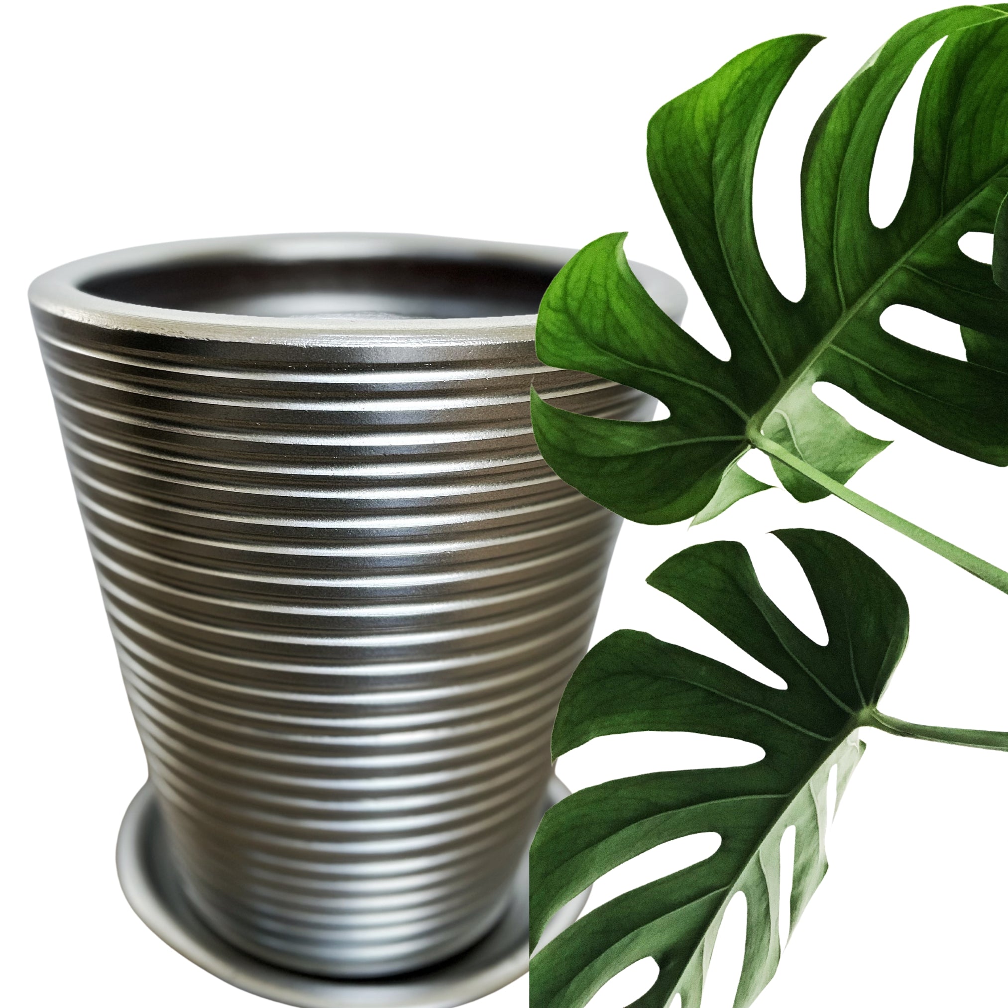 Dubai Series Terracotta Pot 24x21 cm, Striped, with Saucer, Drainage Hole, Decorative, Silver
