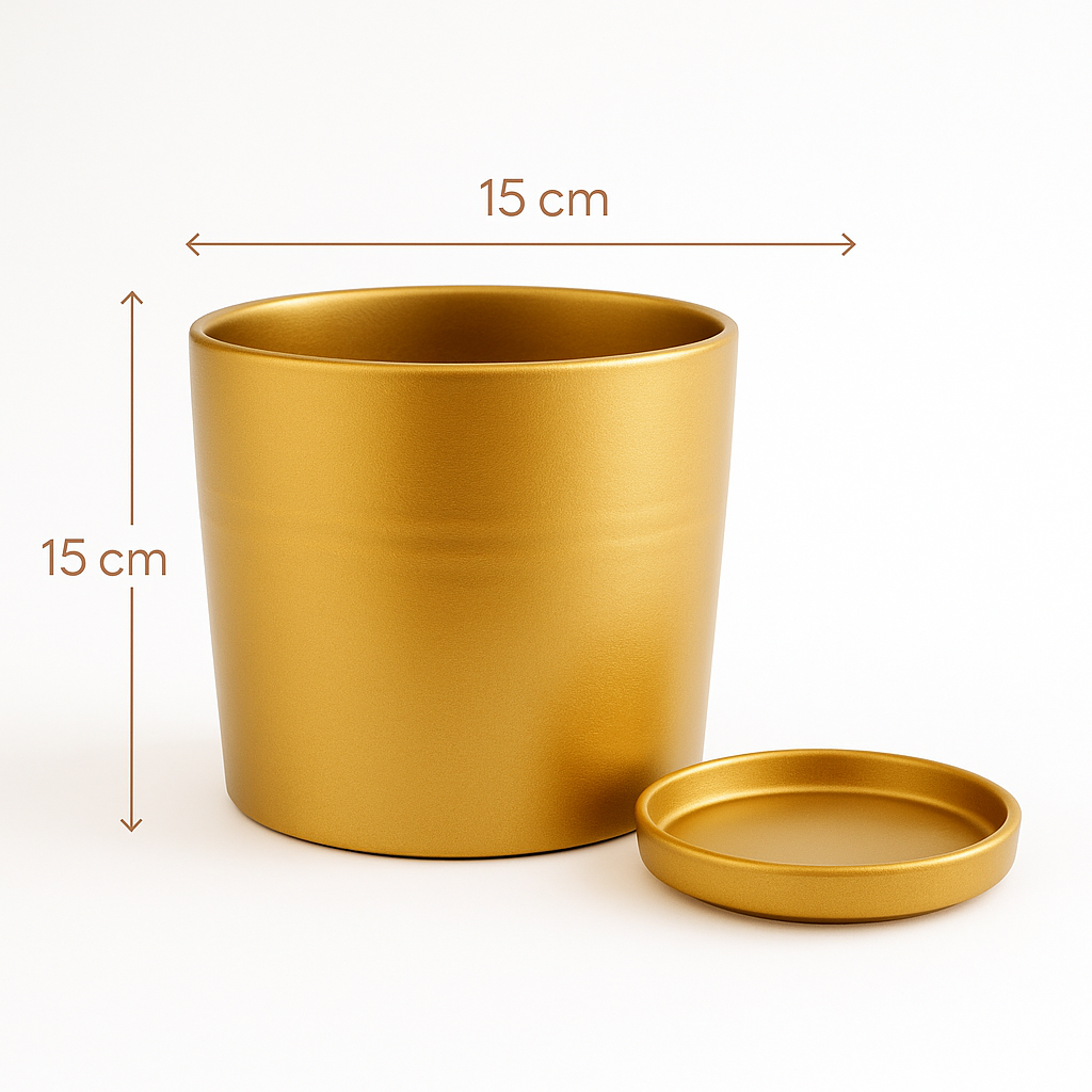 London Series Terracotta Pot 15x15 cm, with Saucer, Drainage Hole, Decorative, Gold Color