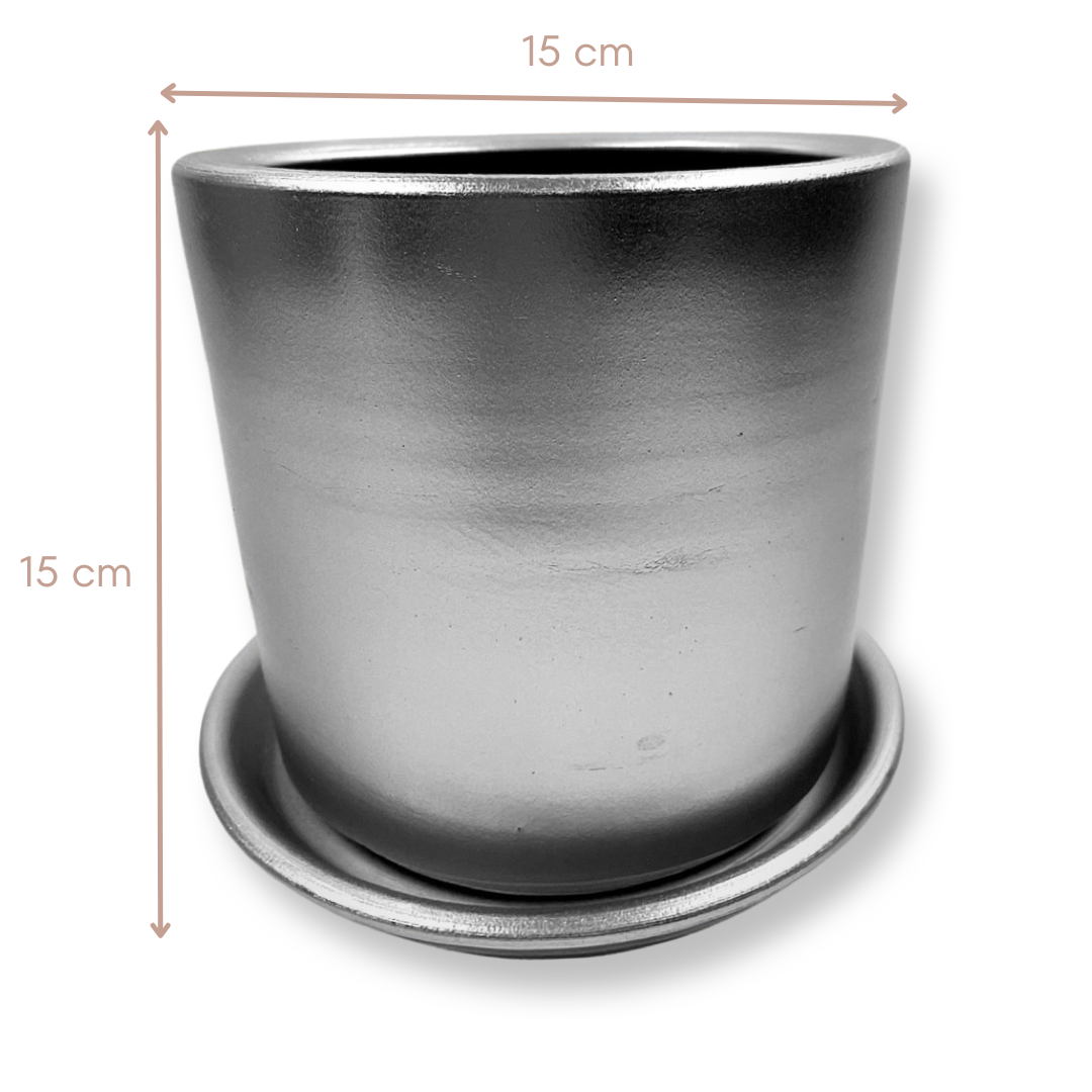 London Series Terracotta Pot 15x15 cm, With Saucer, Drainage Hole, Decorative, Silver Color