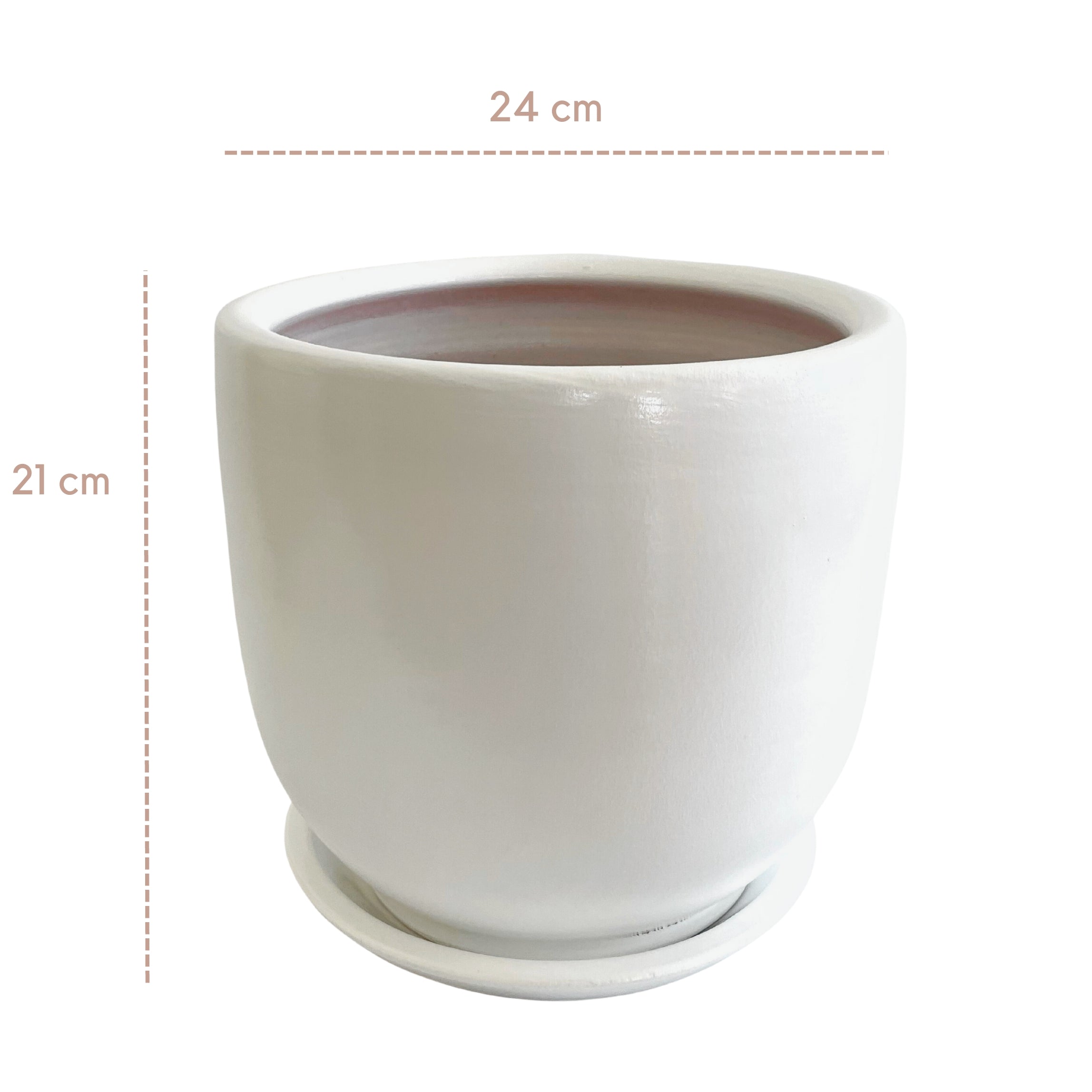 Paris Series Terracotta Pot 24x21 cm, Striped, with Saucer, Drainage Hole, Decorative, White